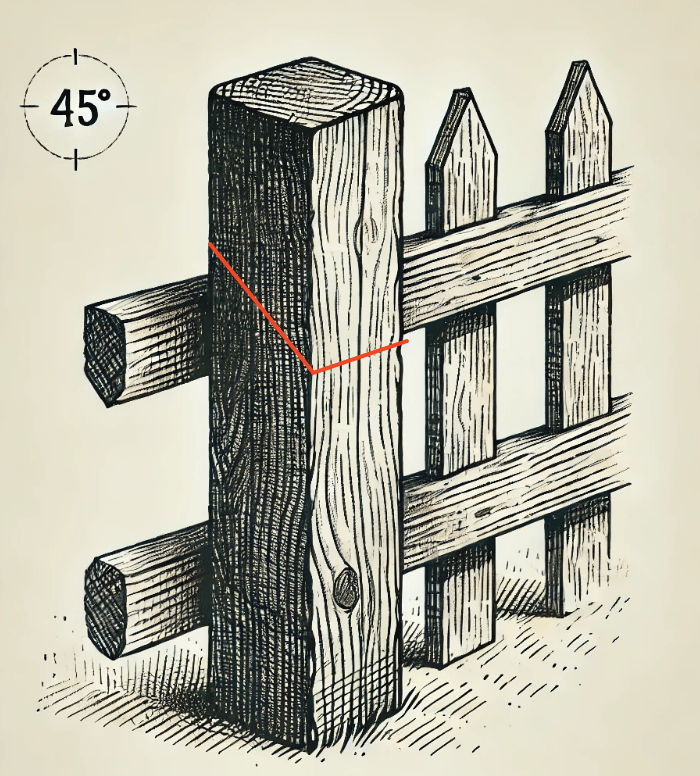 Cut the rotten fence post below the rot at a 45 degree angle